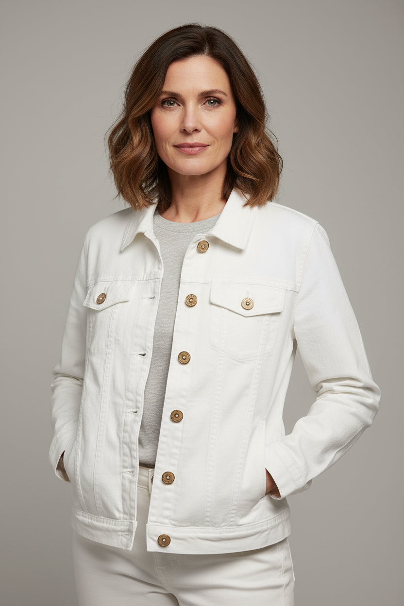 A white denim jacket with button closures and flap chest pockets, hanging on a black hanger in a clothing store.