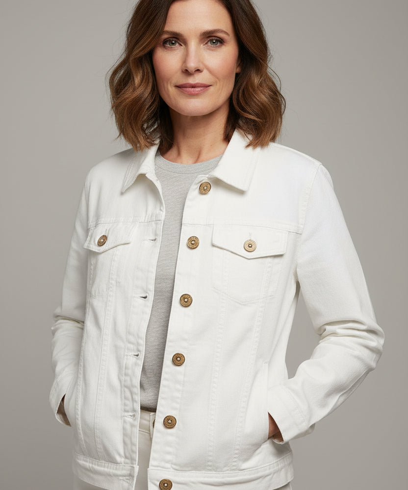 A white denim jacket with button closures and flap chest pockets, hanging on a black hanger in a clothing store.