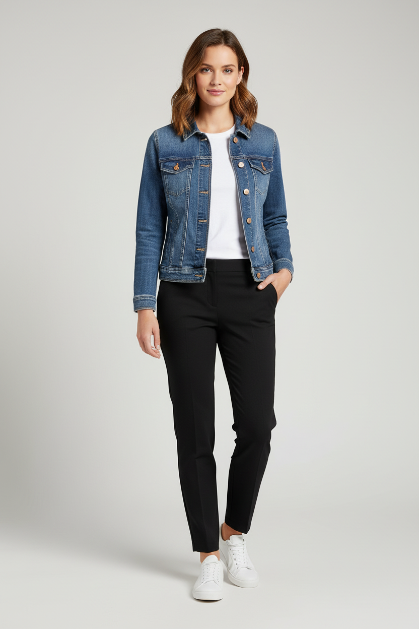 A blue denim jacket with a pointed collar, button front, and chest flap pockets, hanging in a retail store setting.