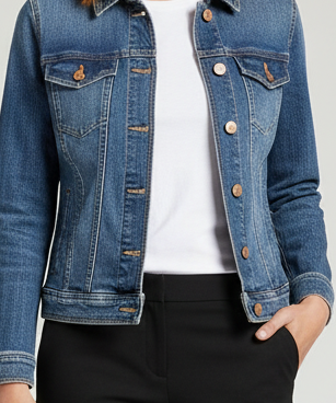 A blue denim jacket with a pointed collar, button front, and chest flap pockets, hanging in a retail store setting.