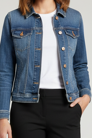 A blue denim jacket with a pointed collar, button front, and chest flap pockets, hanging in a retail store setting.