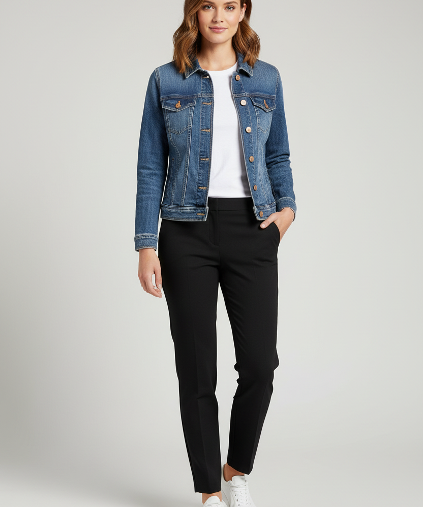 A blue denim jacket with a pointed collar, button front, and chest flap pockets, hanging in a retail store setting.