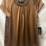 Women’s Brown Satin Blouse with Beaded Neckline