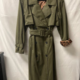 CAYOMILLA Green Trench Coat with Leopard Print Cuffs