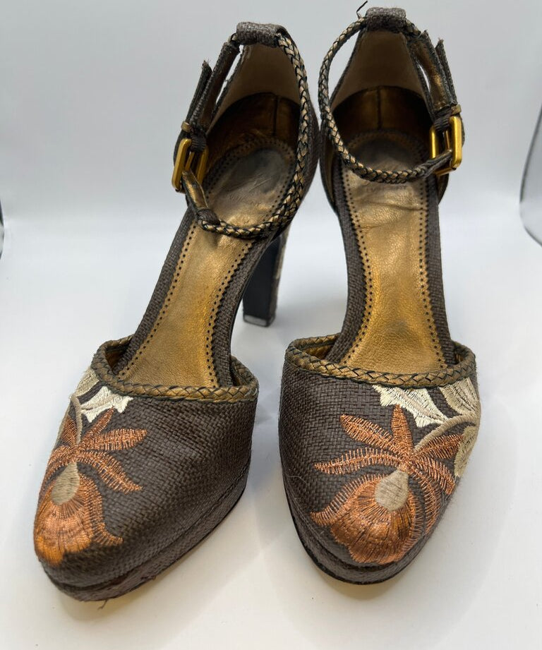 J Vincent Brown Embroidered High Heel Shoes