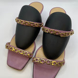 Salvatore Ferragamo Lavender Open Toe Slide Heels with Gold Chain Accents