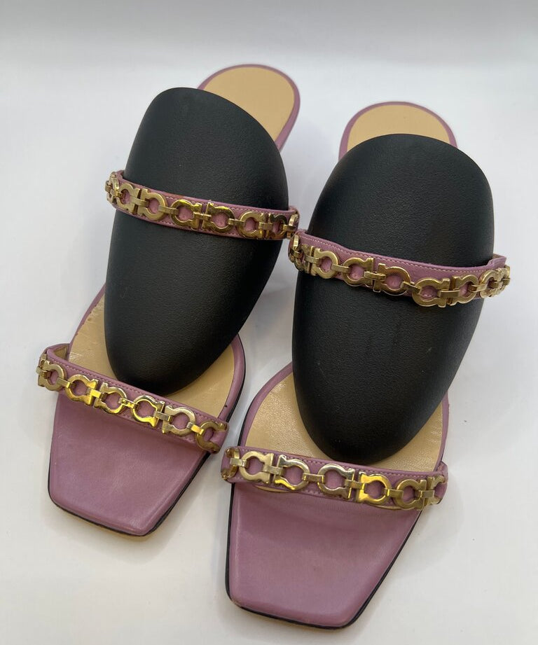 Salvatore Ferragamo Lavender Open Toe Slide Heels with Gold Chain Accents
