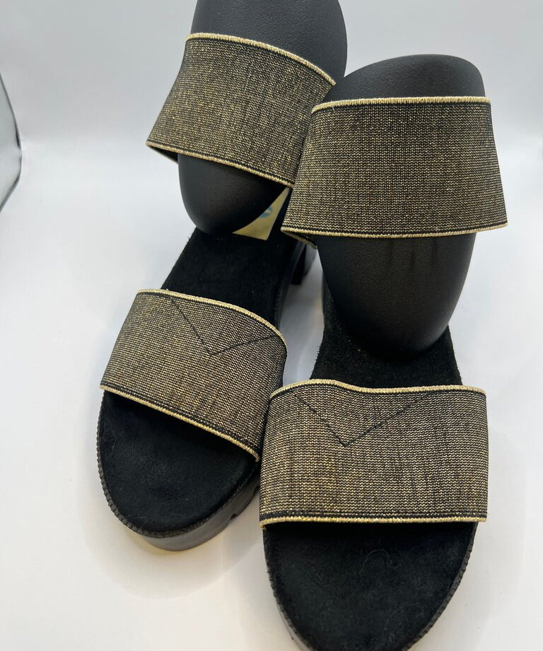 Charleston Shoe Co. Black and Gold Open Toe Platform Sandals