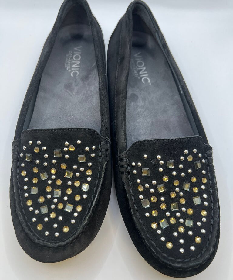 Vionic Women's Black Suede Slip-On Shoes with Studded Detail